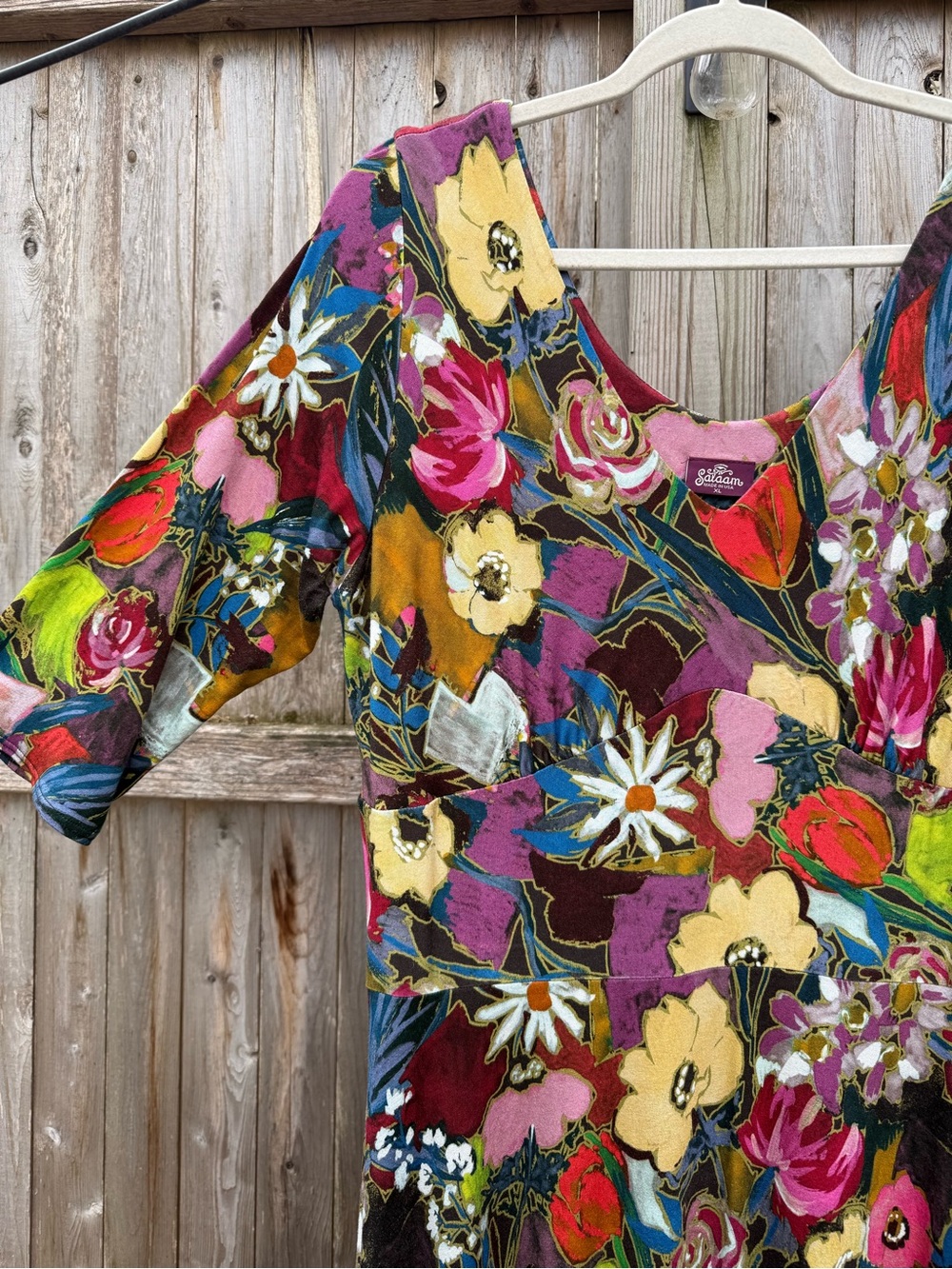 Salaam Marilyn 3/4 Sleeve Midi Dress V-Neck Viscose Jersey Painterly Artsy - Picture 4 of 6